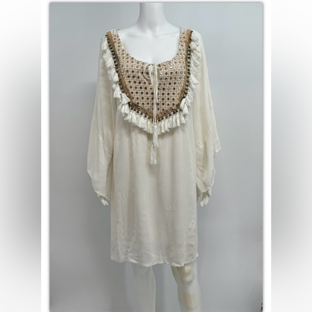 Miss June Paris Tunic Dress Women’s M/L Ivory Studded Fringes Drawstring